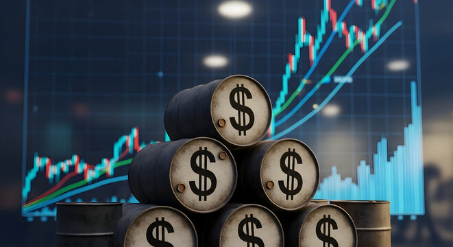 Crude oil barrels with dollar signs and financial chart showing rising petroleum prices and market t 88934756 1