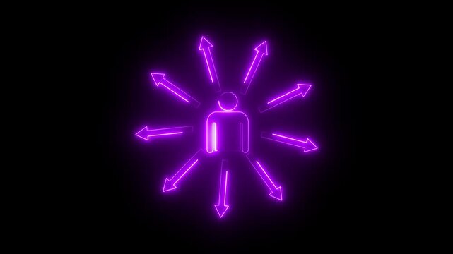 Neon skill icon animation on black background, glowing man symbol with multi-direction arrows, personal growth and capability development concept, talent upgrade