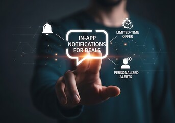 Man interacting with holographic in-app notifications for deals, limited time offers, and personalized alerts.