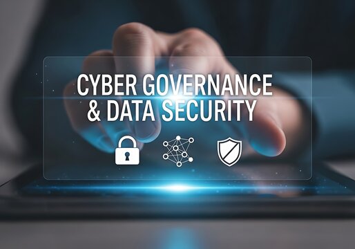 A hand interacts with a glowing virtual display showing cyber governance data security text and security icons, highlighting the importance of digital protection and secure information management
