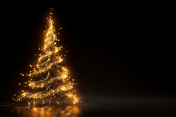 3D Golden Christmas Tree with Glowing Lights on Black Luxury Background