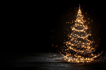 3D Golden Christmas Tree with Glowing Lights on Black Luxury Background