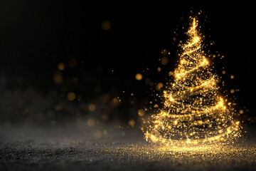 3D Golden Christmas Tree with Glowing Lights on Black Luxury Background