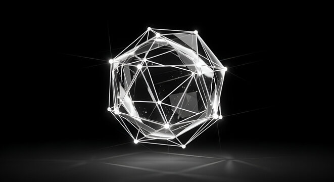 Abstract geometric shape with lines and glowing points over dark background