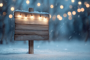 Snow-Covered Wooden Sign with Glowing Lights on Winter Background