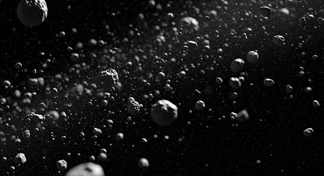 Asteroid belt in deep space with a field of rocks and dust formations