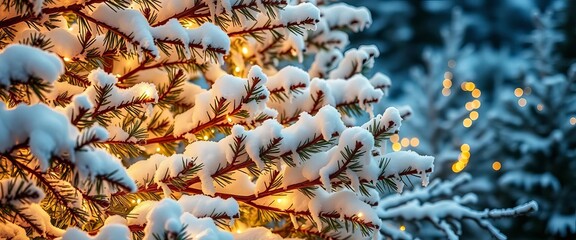 Snow-covered pine trees, twinkling fairy lights, frosted branches, rustic wooden elements,  white,  holiday