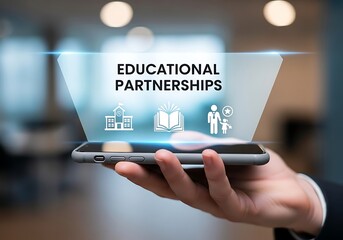 Hand holding a smartphone displaying a holographic projection with educational partnerships text and icons for school, book, and people, symbolizing collaboration in learning
