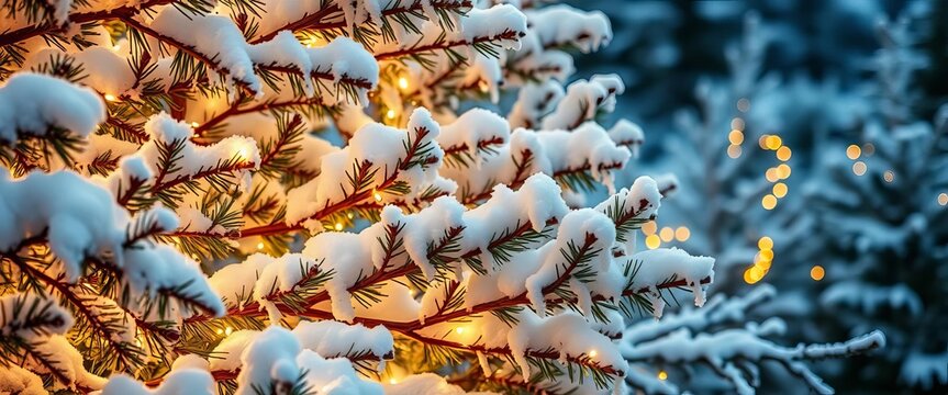 Snow-covered pine trees, twinkling fairy lights, frosted branches, rustic wooden elements, white, holiday