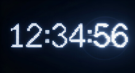 Glowing pixel clock displaying 12:34:56 on a dark background with digital aesthetic