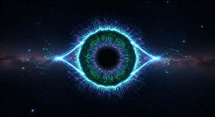 Enigmatic cosmic eye surrounded by celestial energy and ethereal stardust