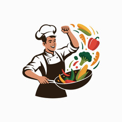 Chef tossing vegetables in a pan with ingredients flying out cooking food
