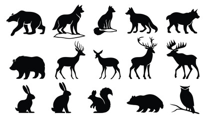 Forest animals silhouettes set. Flat illustrations of wild animals.
