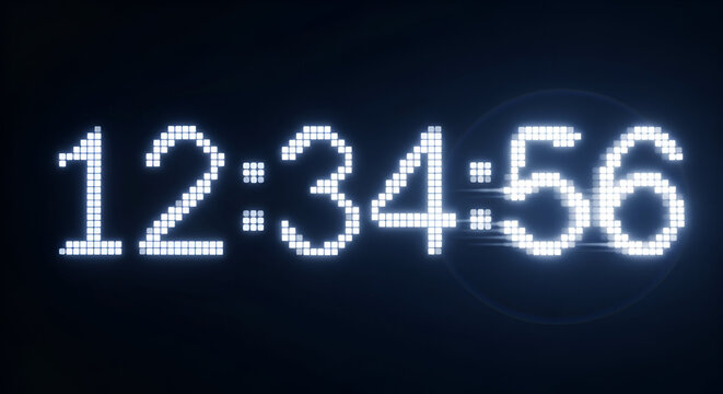 Glowing pixel clock displaying 12:34:56 on a dark background with digital aesthetic