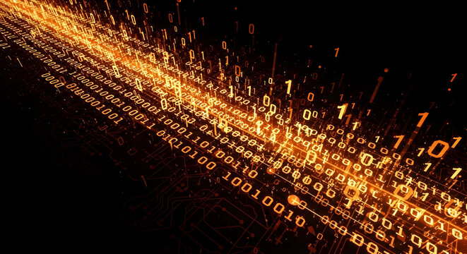 Abstract background with glowing orange binary code zeros and ones representing data stream and digi 97717179 1