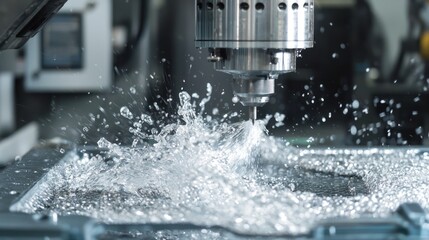 Metalworking CNC milling machine cutting metal with coolant.