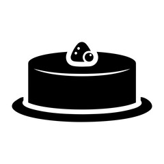 Bakery Icon Vector A simple black and white illustration of a round cake with a topping on a plate in silhouette