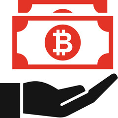 Obraz premium Hand Holding Bitcoin Currency Symbol On Red And White Banknote Illustration Transparent Background Digital Money Concept