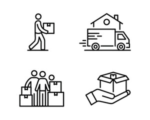 Moving service icons people and packages delivery transport