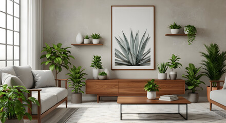 Contemporary living room interior with wood furniture green plants and framed agave print on beige b 33331854 1