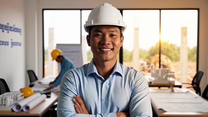 Senior Engineer in Construction Site, Surrounded by Heavy Machinery and Blueprints, Conveys Innovation, Problem Solving Skills, and Expertise in Fast Paced World of Construction.