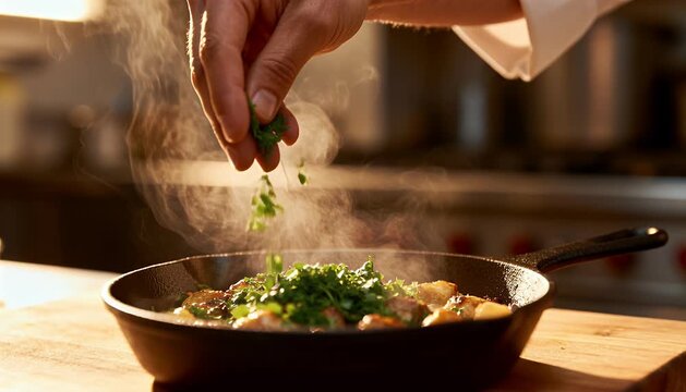 Chef prepares food in kitchen adding herbs and ingredients