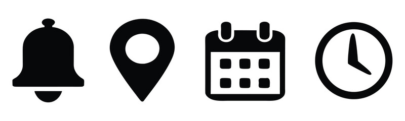 Time date address icons set. Address location icon. Stopwatch timer icon. Date Calendar icon. Black line and flat web icons.
