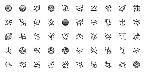 Zodiac and celestial icon set. Astronomy vector collction featuring Jupiter, Nptune, Venus, Mars, Saturn Moon, constellations, andmore. Editable stroke.