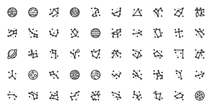 Zodiac and celestial icon set. Astronomy vector collction featuring Jupiter, Nptune, Venus, Mars, Saturn Moon, constellations, andmore. Editable stroke.