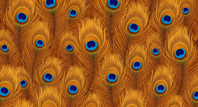 Golden orange peacock feather seamless pattern with blue eye highlights on warm background for elega 68987069 1