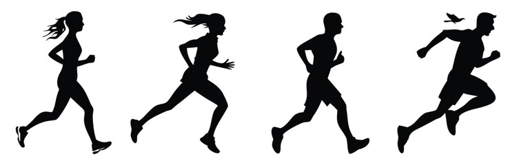 Running man and woman silhouettes set. Male and female runners figure shapes. Bare and naked slim healthy people work out
