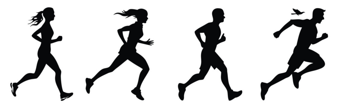 Running man and woman silhouettes set. Male and female runners figure shapes. Bare and naked slim healthy people work out
