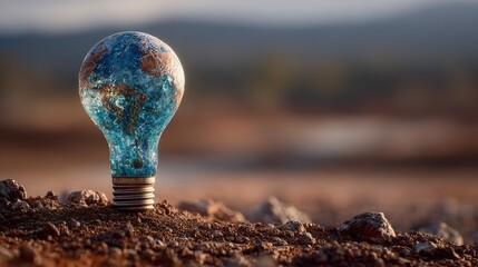 A lightbulb shaped like the earth stands on the ground.