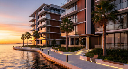 Obraz premium Contemporary architecture of modern apartments with palm trees clean lines and sunset view by landsc 94087743 1