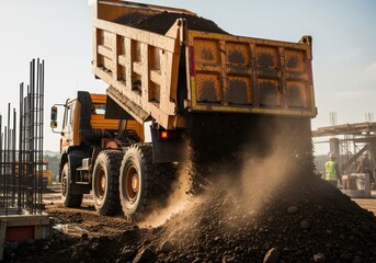 A yellow dump truck is unloading a load of dirt at a construction site during the daytime.