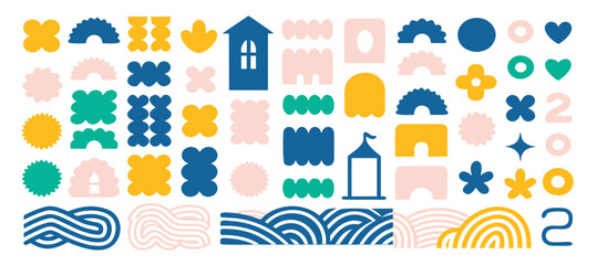 Fototapeta premium Abstract geometric shapes and icons. Colorful groovy brutal figures. Modern Swiss design aesthetic. 