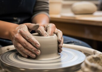Close-up of hands shaping clay on a pottery wheel, creating a ceramic vessel in a workshop.