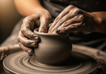 Close-up of hands shaping wet clay on a pottery wheel, creating a ceramic vessel with skillful technique.