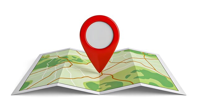 Folded map with red location pin showing navigation direction
