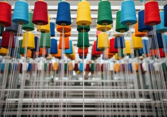 Vibrant spools of colorful thread suspended, creating a visually stunning textile display.