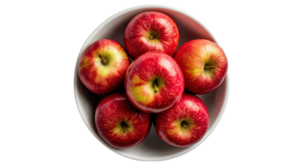 Overhead shot of ripe apples in a bowl on clean isolated on a Transparent background, PNG file.