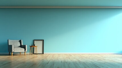 Empty light teal room with armchair and small table.