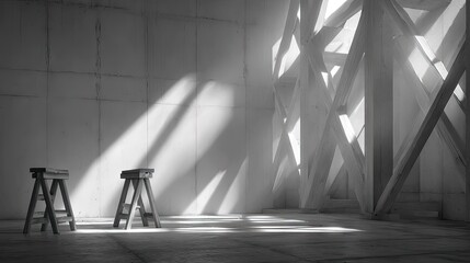 Sunlight streams through wooden structural elements in a minimalist interior.
