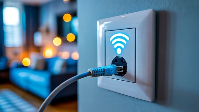 Internet cable plugged into socket with glowing wifi icon in modern smart home concept

