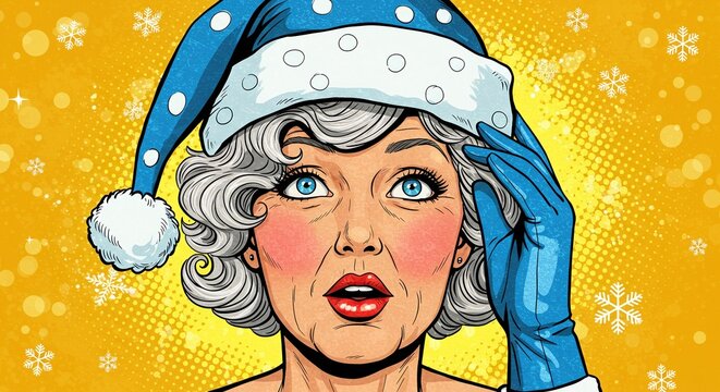 Pop art style illustration of a surprised older woman wearing a blue and white winter hat against a yellow background with snowflakes falling around her
