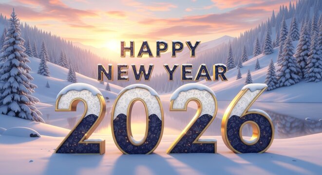 iant 3D typography in surreal style in gold and white colors representing Happy New Year 2026 greeting against snowy mountain landscape background words concept