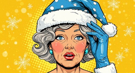 Pop art style illustration of a surprised older woman with white hair wearing a blue and white polka dot santa hat and blue glove against yellow snow
