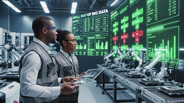 Two men standing side by side in a factory setting intensely focusing on a tablet computer, embodying the concept of digitalization transforming traditional industries like manufacturing.