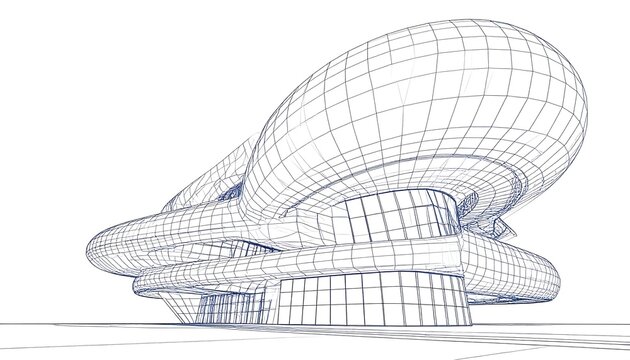 Futuristic Building Wireframe - Architectural Design and Conceptual Visualization.