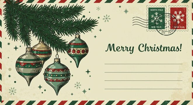 Vintage style christmas postcard featuring hanging ornaments from a pine branch with merry christmas greeting and postage stamps in corner